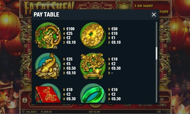 Fa Chai Shen Paytable 1 747X